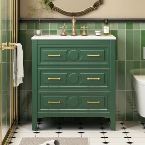 30'' Bathroom Vanity with Ceramic Sink Combo, Free Standing Single Vanity Set with 3 Drawers, Solid Wood Frame Bathroom Storage Cabinet - 1 of 4