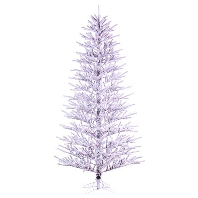Vickerman 6.5' x 42" Flocked Slim Pistol Pine Artificial Unlit Christmas Tree. In a 21"Lx21"Wx7"H base.