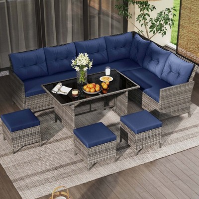Costway 7 PCS Patio Dining Furniture Set PE Rattan Sectional Sofa Set with Soft Cushions White/Black/Blue/Gray