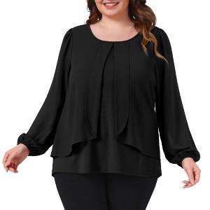 Women's Plus Size Layered Panel Flowy Crew Neck Long Sleeve Dressy Work Chiffon Blouse - Agnes Orinda - 1 of 4