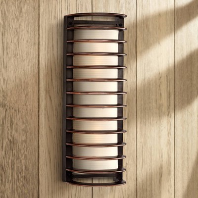 Rubbed Bronze Grid Outdoor Wall Light with Frosted Glass
