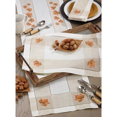 Ivory Hemstitch Placemats with Embroidered Leaf Design, Set of 4
