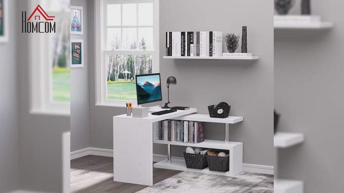 HOMCOM 360° Rotating Corner Computer Desk Modern L-Shaped Home Office Workstation with 2 Storage Shelves, Bookshelf, White, 2 of 8, play video