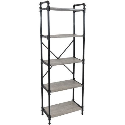 Sunnydaze 5 Shelf Industrial Style Pipe Frame Freestanding Bookshelf with Wood Veneer Shelves - Oak Gray Veneer