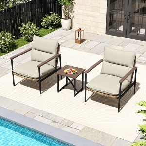 HAPPATIO Outdoor Furniture Set, Patio Aluminum Conversation Set with Wicker Seat and Acacia Wood Armrest, Thick Olefin Cushion - 1 of 4