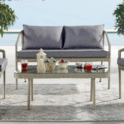 All-Weather Wicker Windham Outdoor 2-Seat Bench with Cushions Gray - Alaterre Furniture