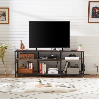 VECELO TV Stand with Power Outlets, Industrial Entertainment Center with 3-Tier Open Storage Shelves, 63 Inch