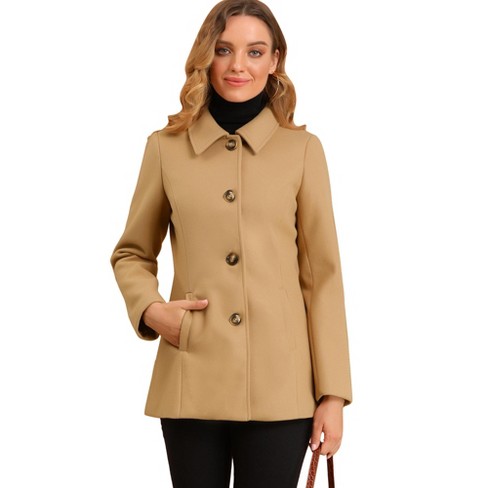 Allegra K Women's Spread Collar Single-Breasted Overcoat Khaki Medium