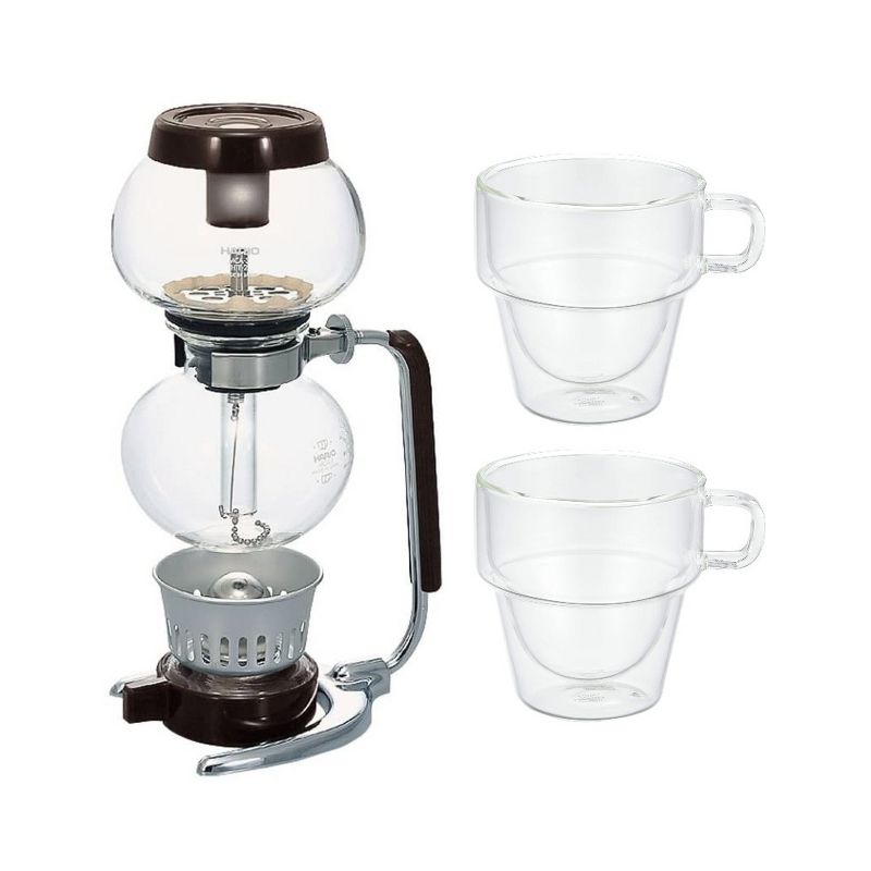 Hario 3-Cup Coffee Siphon (Moca) w/ Double Wall Stack Cups (280ml, 2-Piece Set), 1 of 4