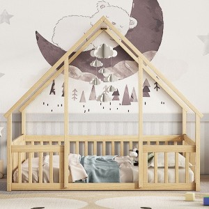 CAVINAS Twin/Full Size House-Style Bed Frame with Fence Guardrails,Modern Floor Bed for Kids Room,Bedroom - 1 of 4