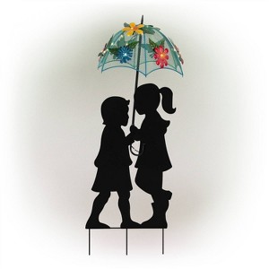39" Iron Boy & Girl Silhouettes Holding Solar Lighted Umbrella - Alpine Corporation: Outdoor Human Figure Statues with AA Ni-Cd Battery - 1 of 4