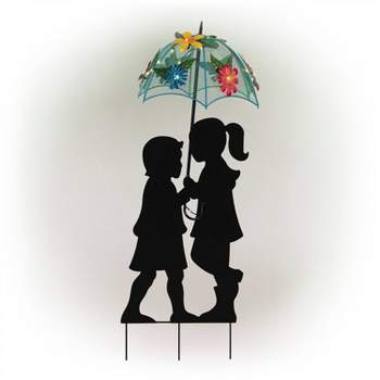 39" Iron Boy & Girl Silhouettes Holding Solar Lighted Umbrella - Alpine Corporation