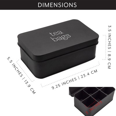 Black Enamelware Tea Bag Storage Box with White Lettering