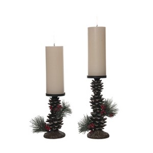 Transpac Resin 10 in. Multicolored Christmas Rustic Pinecone Candle Holders Set of 2 - 1 of 2