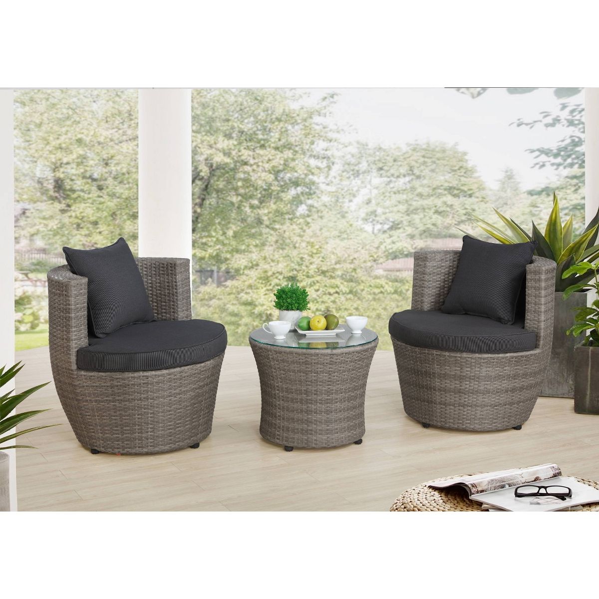 3pc Amelia Outdoor Conversation Set: Weather-Resistant Wicker, Aluminum Frame - Alaterre Furniture
