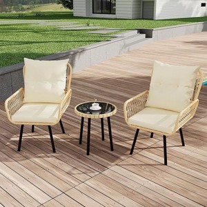 3 Piece Patio Bistro Set, Outdoor Wicker Conversation Set with Round Glass Top Coffee Table and Cushioned Chair, All-Weather Rattan Patio Furniture - 1 of 4