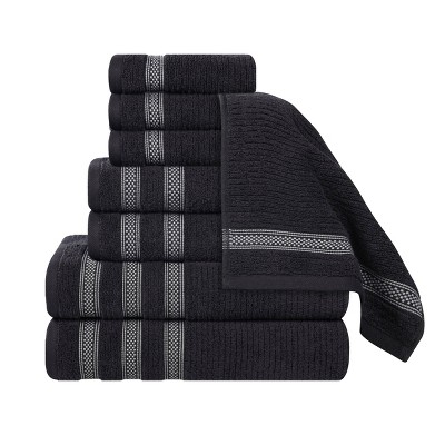 Zero Twist Cotton Ribbed Modern Geometric Border Assorted 8 Piece Bathroom Towel Set by Blue Nile Mills