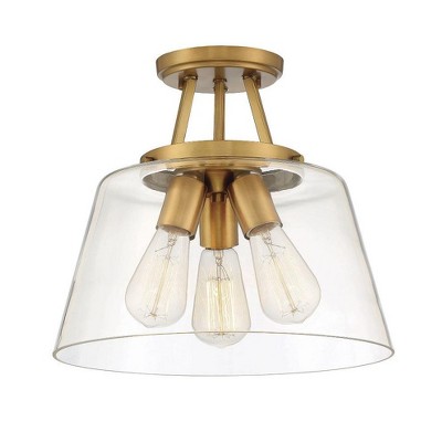 Calhoun Collection Warm Brass 3-Light Semi-Flush Mount with Clear Glass