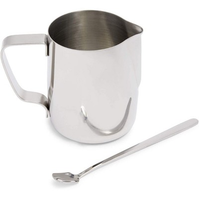 Okuna Outpost 2 Piece Stainless Steel Frothing Pitcher, Milk Frother Cup with Spoon Set for Coffee Bar Accessories, 11.8 oz