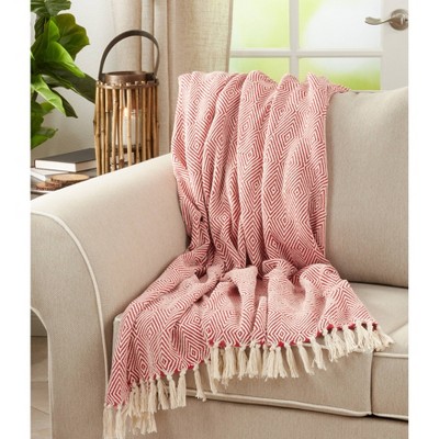 Red Cotton Diamond Weave Reversible Throw Blanket with Tassels