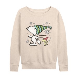 Women's - Peanuts - Snoopy Woodstock Skate Lightweight French Terry Wide Neck Long Sleeve Shirt - 1 of 4