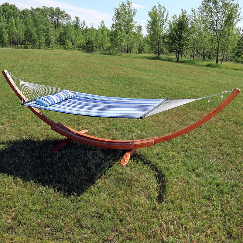 Sunnydaze Quilted Double Fabric 2-Person Hammock with Curved Arc Wood Stand, 2 of 9