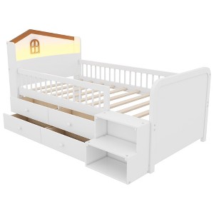 Vynxaria Twin Low Loft Bed House Shape Headboard 4 Storage Drawers Solid Wood White Kids Loft Bed with Guardrails Stairs - 1 of 4