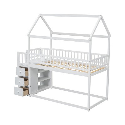 NicBex Twin House Bunk Bed with Shelves and 3 Drawers for Kids Teens Adults,Gray/White