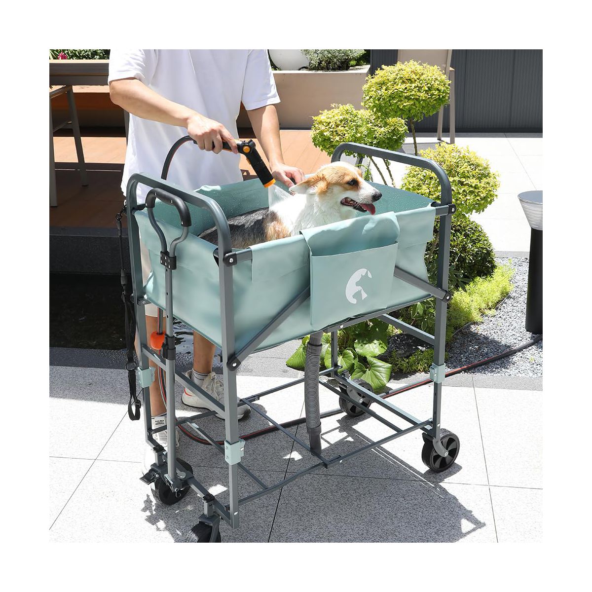 Portable Pet Bathing Cart with Wheels, Foldable Adjustable Height Pet Wash Station for Small Dogs & Cats, Iron & PVC - thumbnail 2