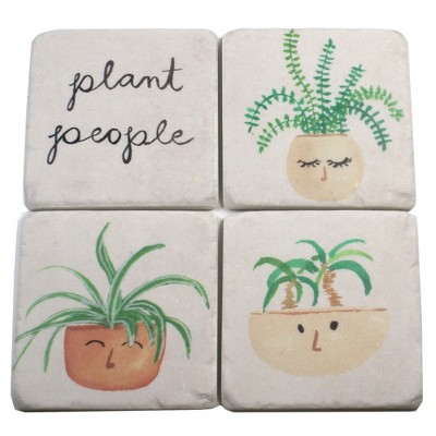 Tabletop 3.75" Planter People Coaster 4 Pc Set Plants Square Cork Back Neutral Ganz  -  Coasters