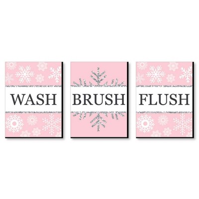 Big Dot of Happiness Pink Winter Wonderland - Snowflake Kids Bathroom Rules Wall Art - 7.5 x 10 inches - Set of 3 Signs - Wash, Brush, Flush