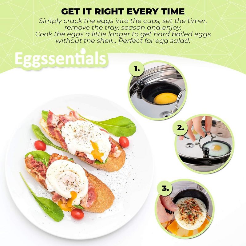 Eggssentials 2 Cup Nonstick Stainless Steel Egg Poacher Pan, Poached Egg Cooker with Spatula Included, Makes Poached Eggs Simple, Perfect for any Meal, 4 of 8