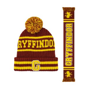 Harry Potter Adult Hogwarts Collegiate Knit Winter Cuff Beanie Hat and Scarf Set - 1 of 4