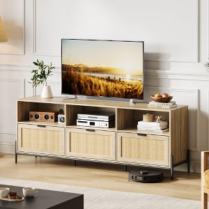 Rattan TV Stand for TVs up to 75'', Media Console Table with 3 Open Storage Shelves and 3 Drawers - 1 of 4