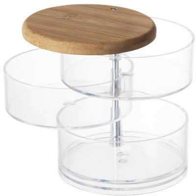 Makeup Organizer 3 Tier Rotating with Bamboo Lid, Clear Acrylic Jewelry Holder, Nonslip 360° Rotating Storage Tray