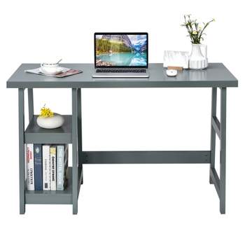 Tangkula Trestle Computer Desk Indoor Office Workstation for Home Office with  2-Tier Storage Shelves