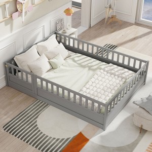 KTMBDW Twin/Full Size Floor Bed with Slats, Wood Montessori Floor Bed with Fence and Door, Kids Montessori Bed, Montessori Floor Bed for Girls, Boys - 1 of 4