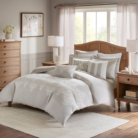 Madison Park 9pc King Barely There Comforter Set Light Gray/White: Luxury Microfiber Bedding Ensemble with Decorative Pillows & Euro Shams