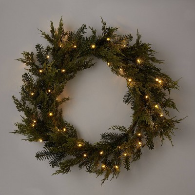28" Pre-lit Mixed Greenery Artificial Christmas Wreath LED Warm White Lights - Wondershop™