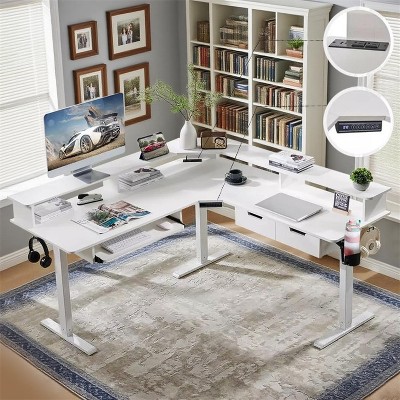 SinCiDo 60" L-Shaped Electric Standing Desk, Height Adjustable Corner Gaming Desk w/ Power Outlets, LED Lighting & 2 Drawers