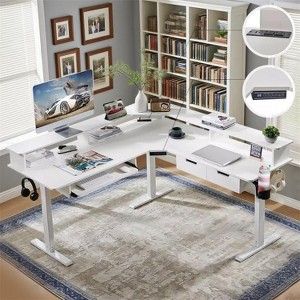 60" L-Shaped Corner Gaming Desk with 2 Drawers, Electric Standing Desk with Power Outlets & LED Lighting - 1 of 4