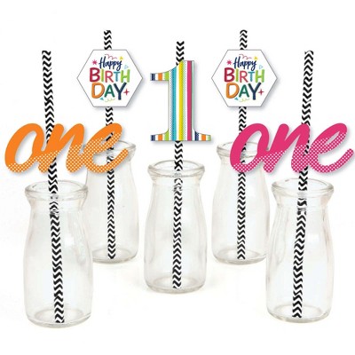 Big Dot of Happiness 1st Birthday - Cheerful Happy Birthday - Paper Straw Decor - Colorful First Birthday Party Striped Decorative Straws - Set of 24