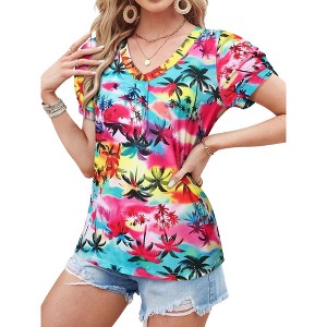 Nlife Womens Puff Short Sleeve Hawaiian Shirts Floral Tropic Printed Pleated V Neck Summer Casual T-Shirt Trendy Boho Blouses Tops - 1 of 4