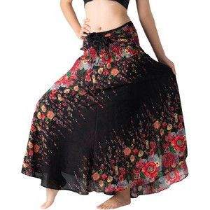 Women's Boho Maxi Skirt - Floral Print Long Flowy Skirt Black Flowers - 1 of 4