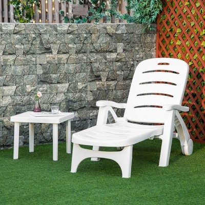 White Plastic Folding Outdoor Chaise Lounge with Adjustable Backrest and Wheels