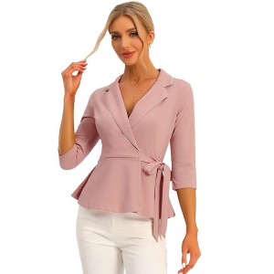 Allegra K Women's Notch Lapel Collar 3/4 Sleeve Tie Waist Peplum Top - 1 of 4