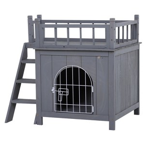PawHut 2-Level Elevated Waterproof Outdoor Wooden Treehouse Cat Shelter With Balcony - 1 of 4