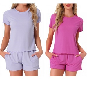 INSPIRE CHIC Women's 4 Pcs Ribbed Knit Soft Short-Sleeve Top & Shorts Ruffled Lounge Pajama Set with Pocket - 1 of 4