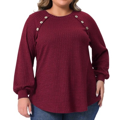 Agnes Orinda Women's Plus Size Button Decoration Crew Neck Long Sleeve Ribbed Knit Casual Tunic Blouses