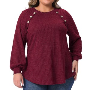 Women's Plus Size Ribbed Knit Button Decoration Crew Neck Long Sleeve Casual Tunic Blouses - Agnes Orinda - 1 of 4